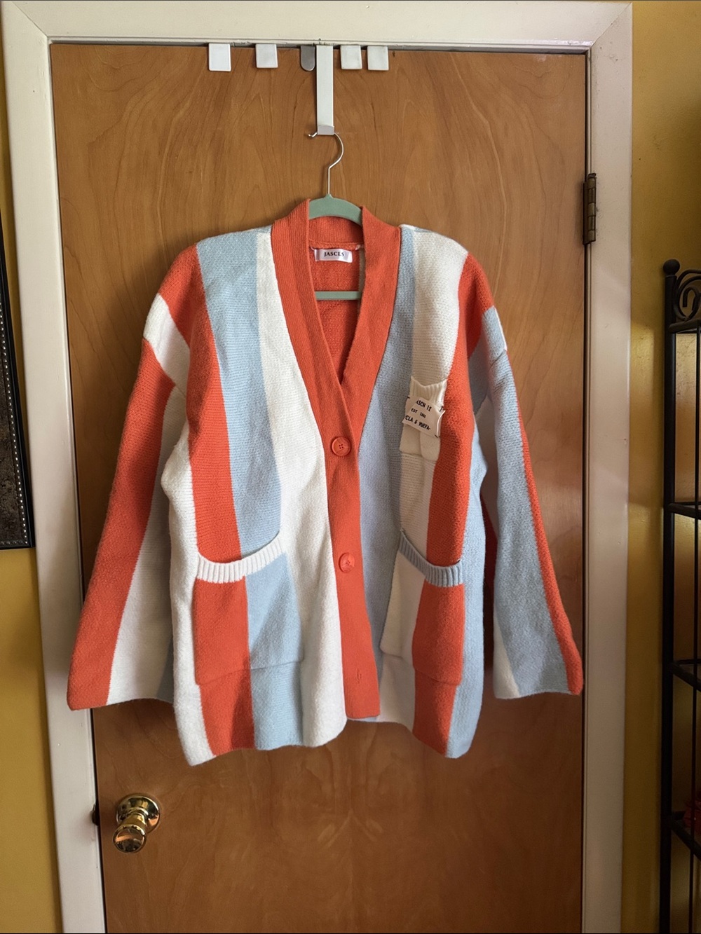 Soft Knit Striped Button-Front Cardigan in Coral, Light Blue & White